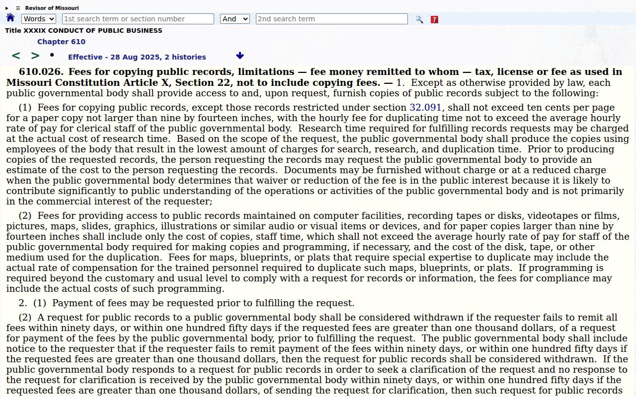 Dunklin County civil docket source on Missouri copy and research fee limits
